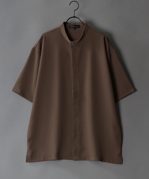半袖シャツ メンズ 立ち襟 比翼ボタン ミッドスリーブ 2色 SITRY シャツ Polyester twill Drape Band Collar shirt/別注
