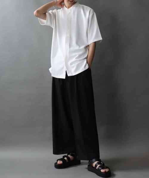 半袖 シャツ メンズ 立ち襟 比翼 ミッドスリーブ SITRY シャツ Polyester twill Drape Band Collar shirt/別注