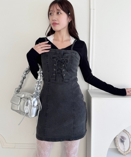 Loueme ワンピース レースアップデニムミニキャミワンピース