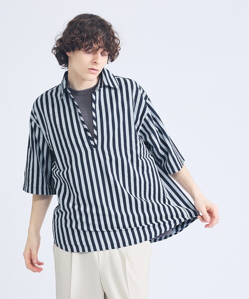ABAHOUSE（アバハウス） シャツ サッカーストライプ スキッパーシャツ