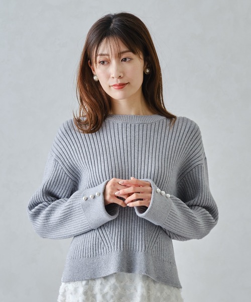 【ミルクティM】　美品　Zhor&Nema レース装飾♪シルク×綿ニット MISCH MASCH ニット セーター 2024秋冬新作ラメリブパール袖