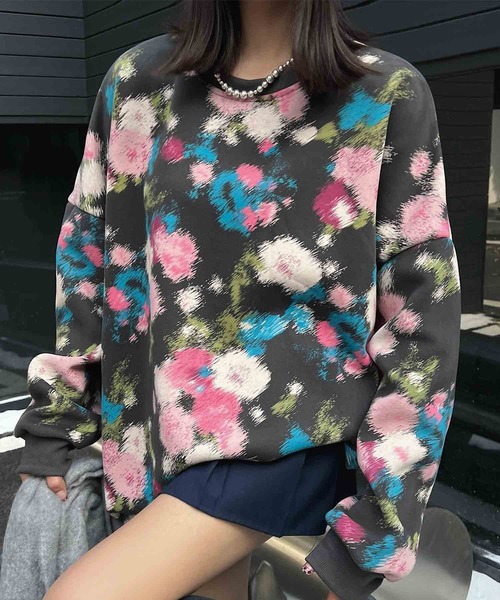 トレーナー スウェット 「HOOK」for　girls 花柄プリントスウェット　裏フリース レディース トレーナー スウェット 「HOOK」for girls 花柄プリント