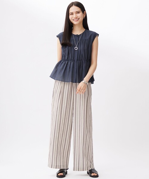ワイドパンツ パンツ リネンビスコースストライプドロスト パンツ レディースの画像