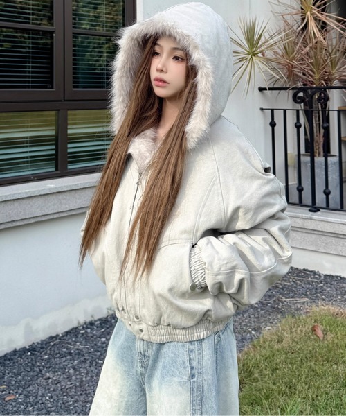 ブルゾン アウター フード付きエコファーワークブルゾン レディース