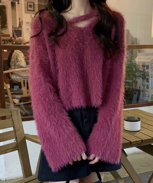 lulufa ニット セーター ふわふわ ルーズシャギーVネックニット