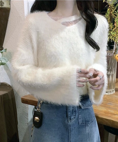 ニット セーター ふわふわ ルーズシャギーVネックニット / オーバーサイズフェザープルオーバー 韓国 レディース | lulufa | 01