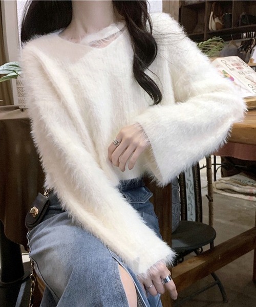 lulufa ニット セーター ふわふわ ルーズシャギーVネックニット