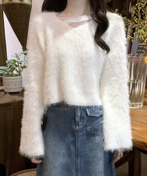ニット セーター ふわふわ ルーズシャギーVネックニット / オーバーサイズフェザープルオーバー 韓国 レディース | lulufa | 07