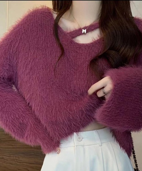 ニット セーター ふわふわ ルーズシャギーVネックニット / オーバーサイズフェザープルオーバー 韓国 レディース | lulufa | 11