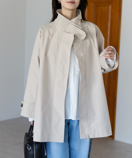 コート アウター 「撥水加工・軽量・体型カバー」きれいめ通勤 スタンドカラー Aライン ミドル丈スプリングコート レディースの画像