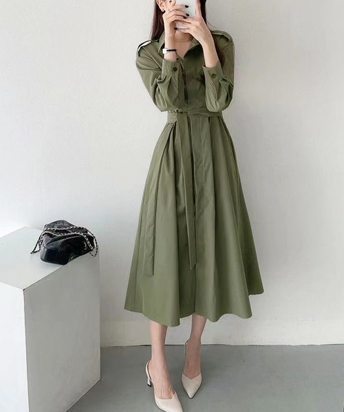 Kuroba シャツワンピース ウエストマークロングシャツワンピース 共布