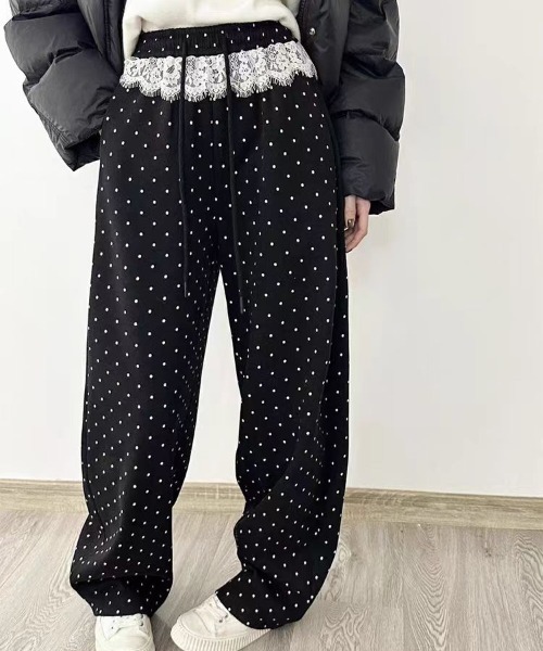 Sibra（シブラ） ワイドパンツ パンツ レース切替ドット柄ワイドパンツ