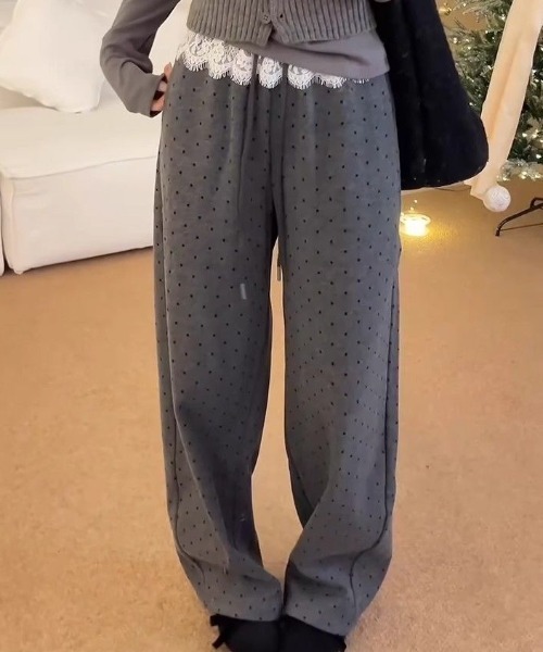 Sibra（シブラ） ワイドパンツ パンツ レース切替ドット柄ワイドパンツ