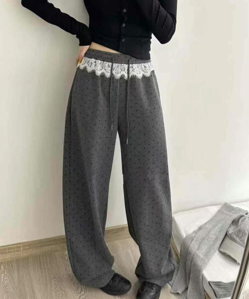 Sibra（シブラ） ワイドパンツ パンツ レース切替ドット柄ワイドパンツ