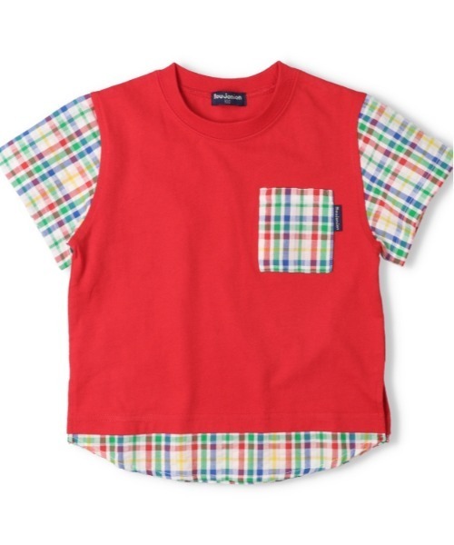 moujonjon（ムージョンジョン） tシャツ チェック柄切替半袖Tシャツ 