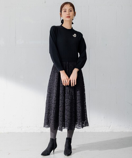 黒のレーススカートとニットのワンピース 組曲（KUMIKYOKU） ドレス 「セレモニー対応可」レーススカート付き