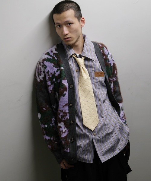 カーディガン HOOK -original- 抽象模様 部分シャギーニット