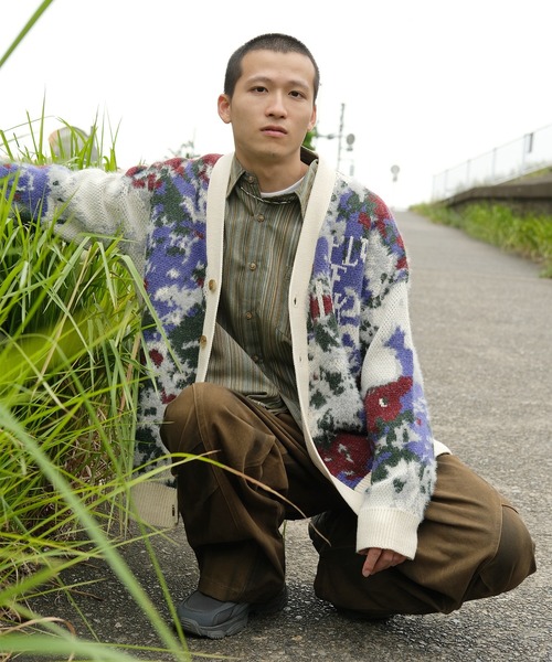 カーディガン HOOK -original- 抽象模様 部分シャギーニット