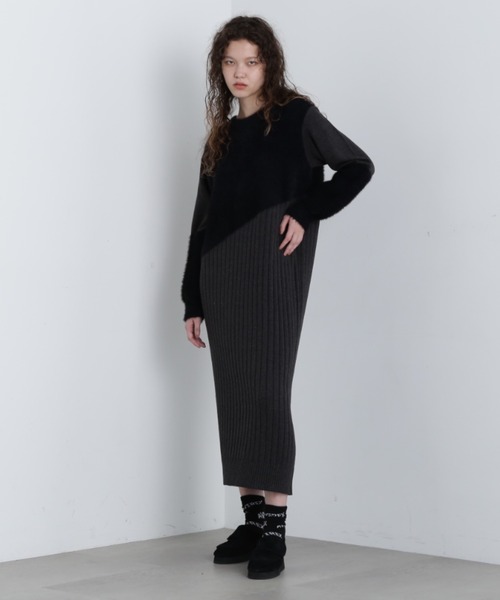 WAAC 防寒 裏地つきシャギーニット ブラック AVIREX（アヴィレックス） ワンピース 「直営店限定」FLAT×SHAGGY KNIT