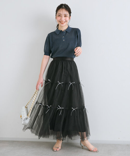 ゆう　Vin ブラックチュールティアードスカート 38 チュールスカート チュール ティアード ロングスカート ブラック