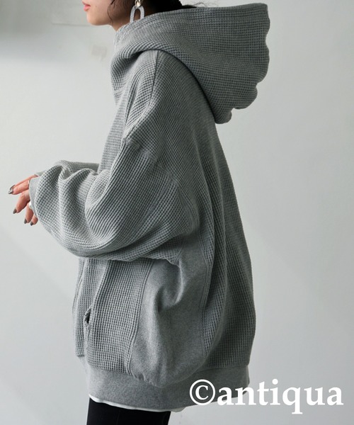 antiqua　完売品　ワッフルワイドパーカー　グレー antiqua（アンティカ） ガゼット風ネックフーディー レディース 鬼