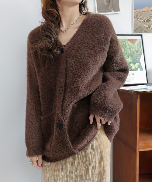 カーディガンブラウンたにし様 セール】柔らかもち肌。パイピング配色オーバーニットカーディガン