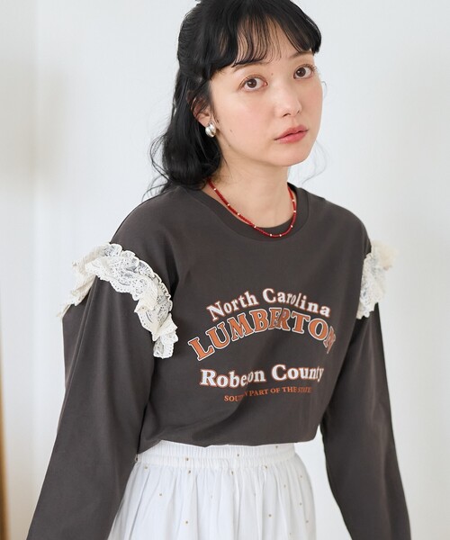 袖レースドッキングロングTシャツ