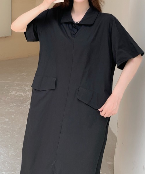 ワンピース 半袖 ワイドカラー カーキ S/XL FAVORITO ワンピース 襟付きポケット付き半袖ワンピース