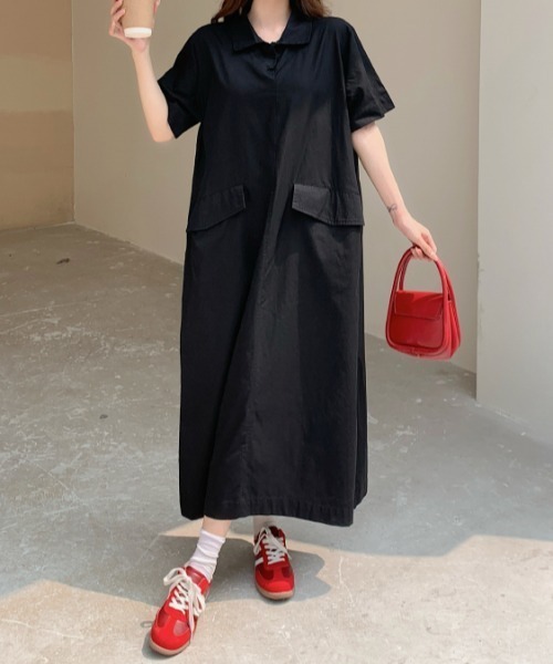 ワンピース 半袖 ワイドカラー カーキ S/XL FAVORITO ワンピース 襟付きポケット付き半袖ワンピース