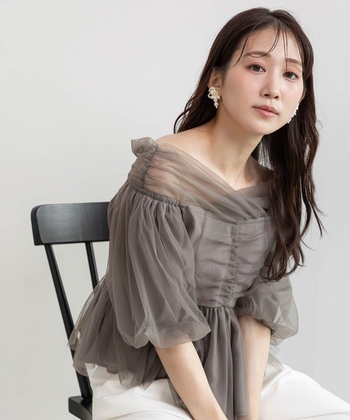 RANDA（ランダ） ブラウス シャツ チュールペプラムオフショルブラウス