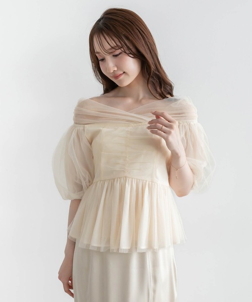 RANDA（ランダ） ブラウス シャツ チュールペプラムオフショルブラウス