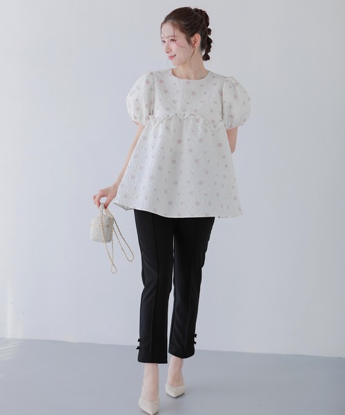 Fit more フラワージャガード袖パイピングトップス レディース