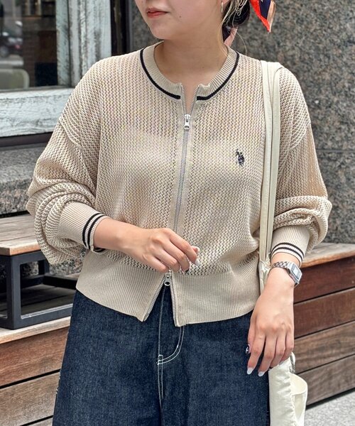 カーディガン 「U.S. POLO ASSN.」クルーネックメッシュカーディガン レディース