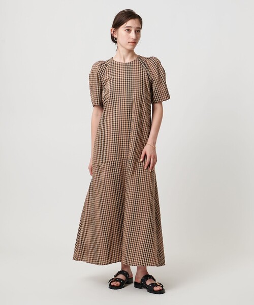 極美品♦︎INDIVI サッカーチェックワンピース パフスリーブ 大きいサイズ13 極美品♦︎INDIVI サッカーチェックワンピース パフスリーブ