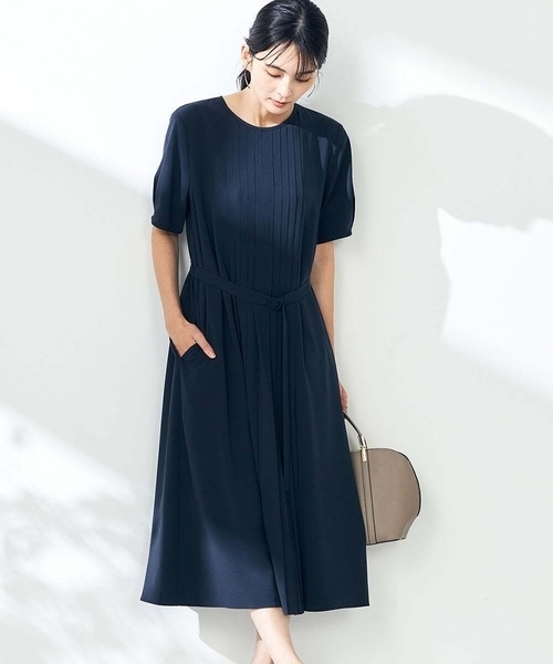 ワンピース 「洗える/ストレッチ」ベルト付フロントプリーツワンピースの画像
