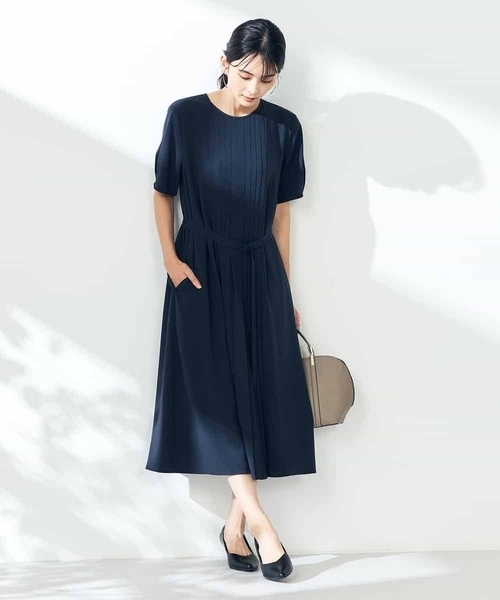 ワンピース 「洗える/ストレッチ」ベルト付フロントプリーツワンピースの画像