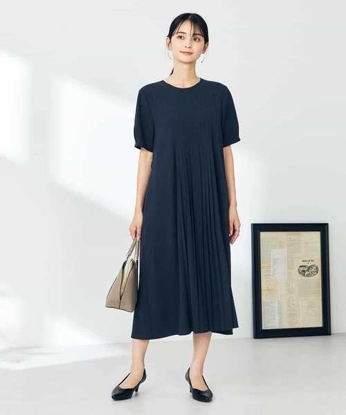 ワンピース 「洗える/ストレッチ」ベルト付フロントプリーツワンピースの画像