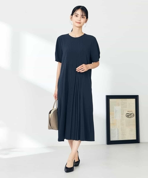 ワンピース 「洗える/ストレッチ」ベルト付フロントプリーツワンピースの画像