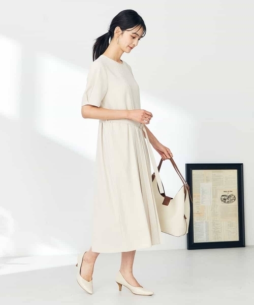 ワンピース 「洗える/ストレッチ」ベルト付フロントプリーツワンピースの画像