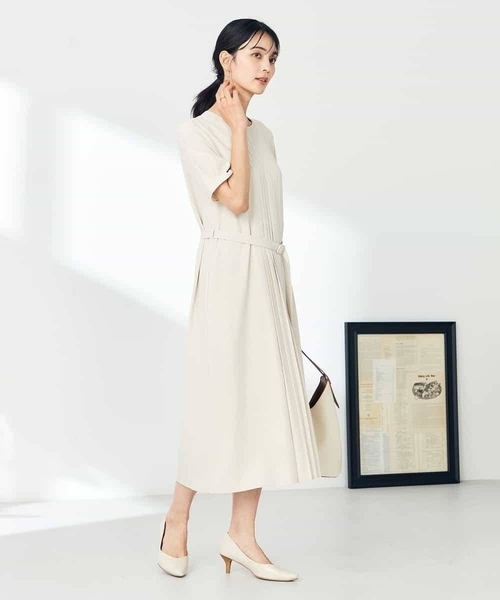 ワンピース 「洗える/ストレッチ」ベルト付フロントプリーツワンピースの画像
