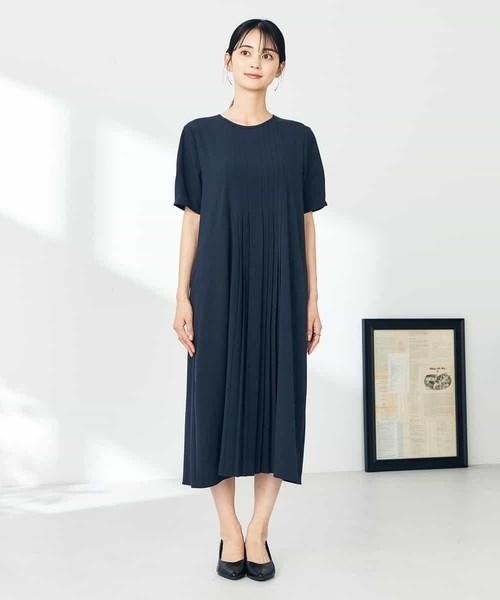 ワンピース 「洗える/ストレッチ」ベルト付フロントプリーツワンピースの画像