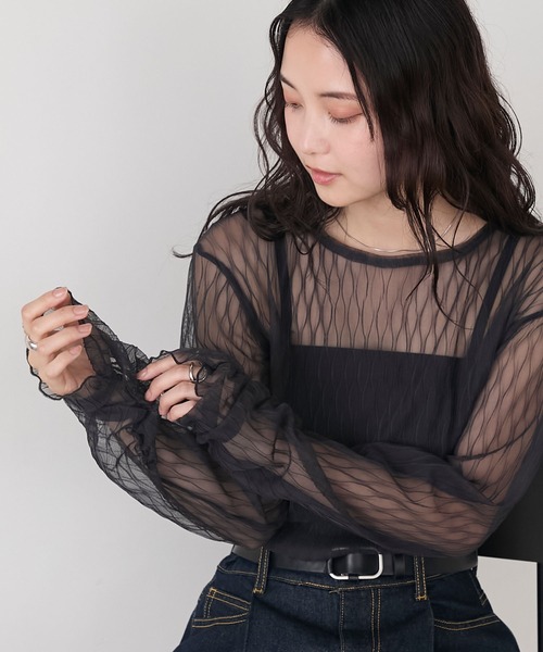 プリーツ加工 シアー 長袖 トップス ブラック forksy.（フォルクシー） tシャツ 「forksy.」プリーツシアー