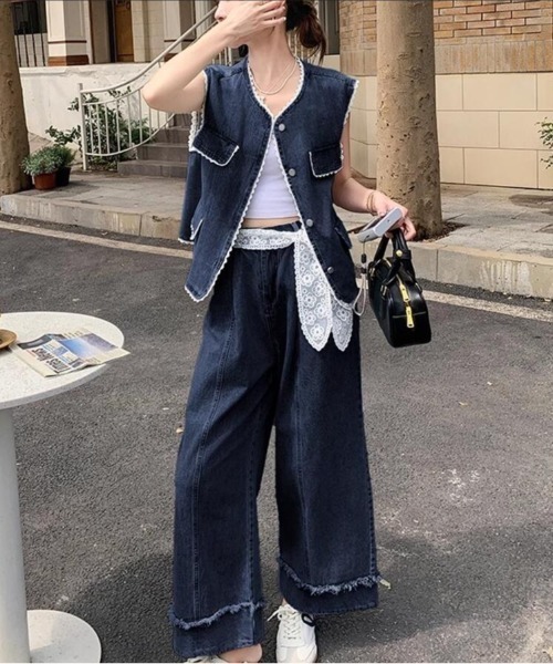 ワイドデニム セットアップ リボン ノースリーブ 上品 お洒落 デニム ノースリーブトップス ワイドパンツ ブルー セットアップ