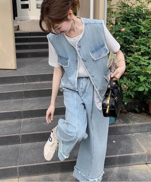 セットアップ リゾート ブルー デニム パンツ ノースリーブ 韓国 3c9fe9849b91904127e89fceb809d2