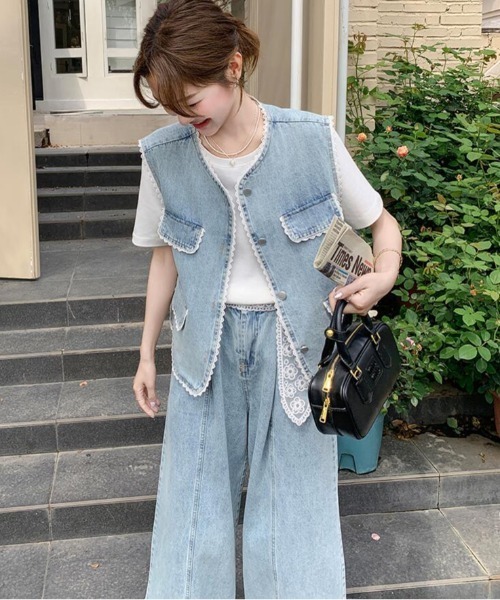 【送料込】セットアップ ブルー デニム パンツ ノースリーブ デニム ノースリーブトップス ワイドパンツ セットアップ ブルー