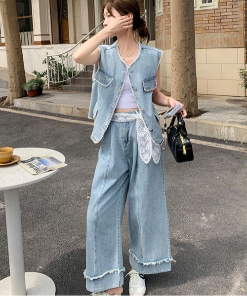 デニム ノースリーブトップス ワイドパンツ ライトブルー セットアップ フリンジ デニム ノースリーブトップス ワイドパンツ ブルー セットアップ