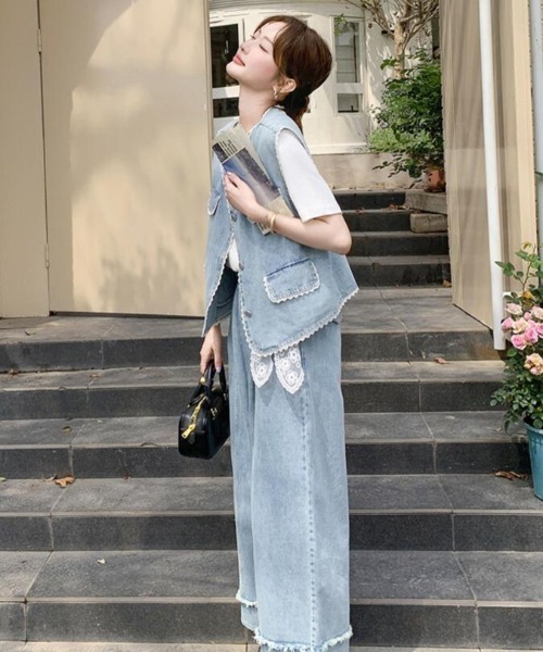 セットアップ デニム ノースリーブ ワイドパンツ カジュアル セットアップ デニム ノースリーブ ワイドパンツ カジュアル