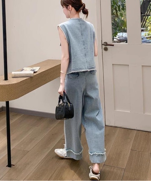 セットアップ デニム パンツ ノースリーブ 着痩せ ワイド 韓国 デニム ノースリーブトップス ワイドパンツ ブルー セットアップ