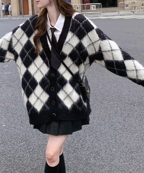 lulufa カーディガン アーガイル柄 オーバーサイズニットカーディガン