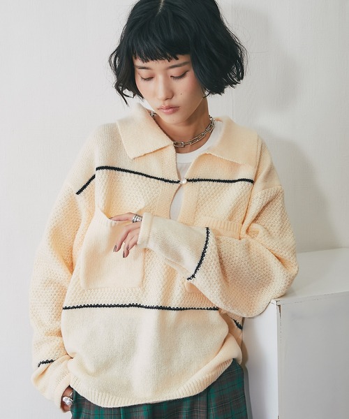 ニット セーター キーネック鹿の子編み切替ニット レディース